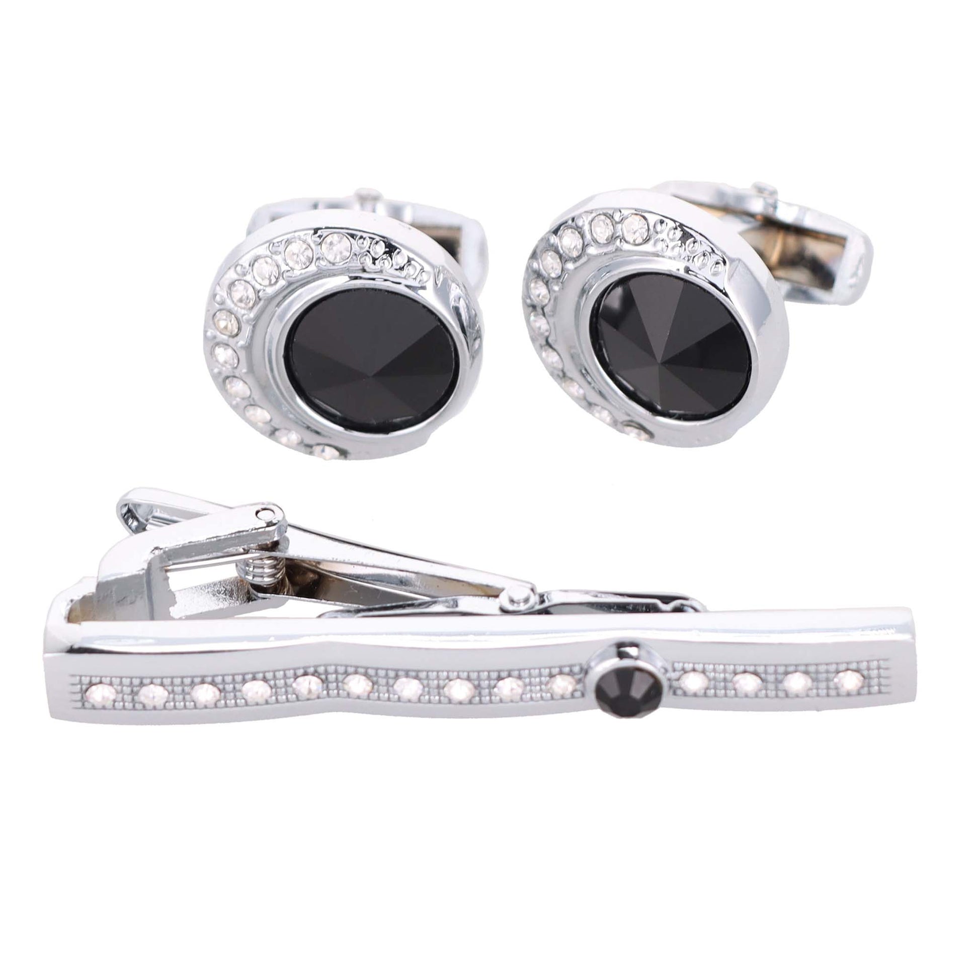 Vittorio Vico Silver Rhinestone Cufflinks & Tie Bar Set - CR-045 - Classy Cufflinks