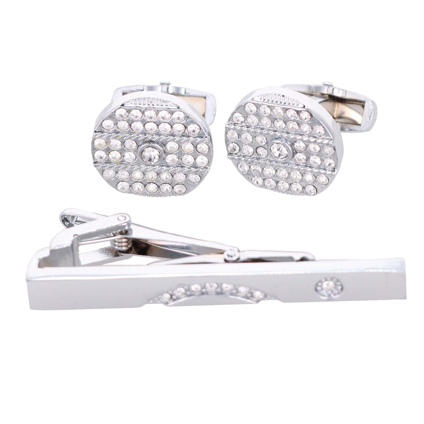 Vittorio Vico Silver Rhinestone Cufflinks & Tie Bar Set - CR-046 - Classy Cufflinks