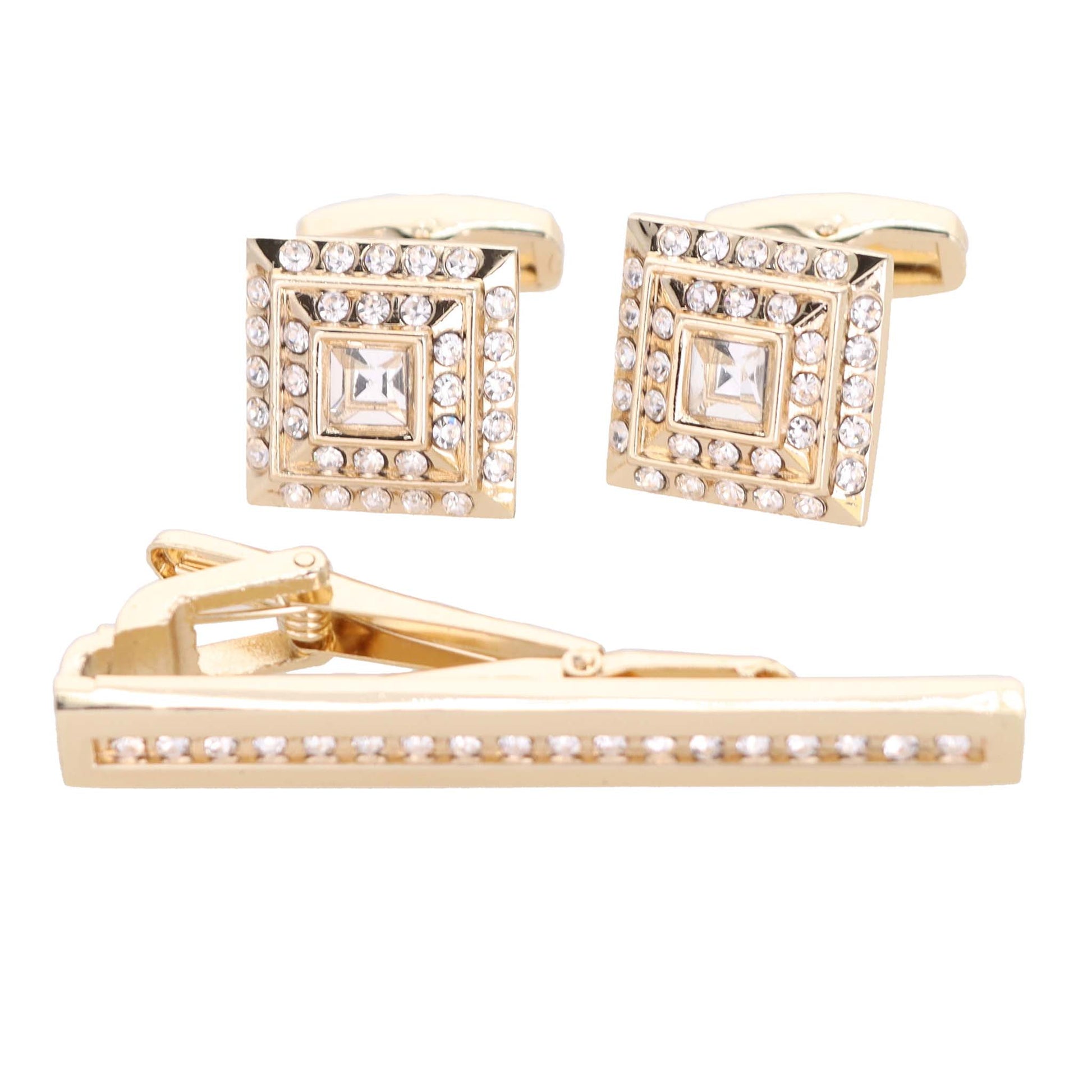 Vittorio Vico Gold Rhinestone Cufflinks & Tie Bar Set - CR-048 - Classy Cufflinks