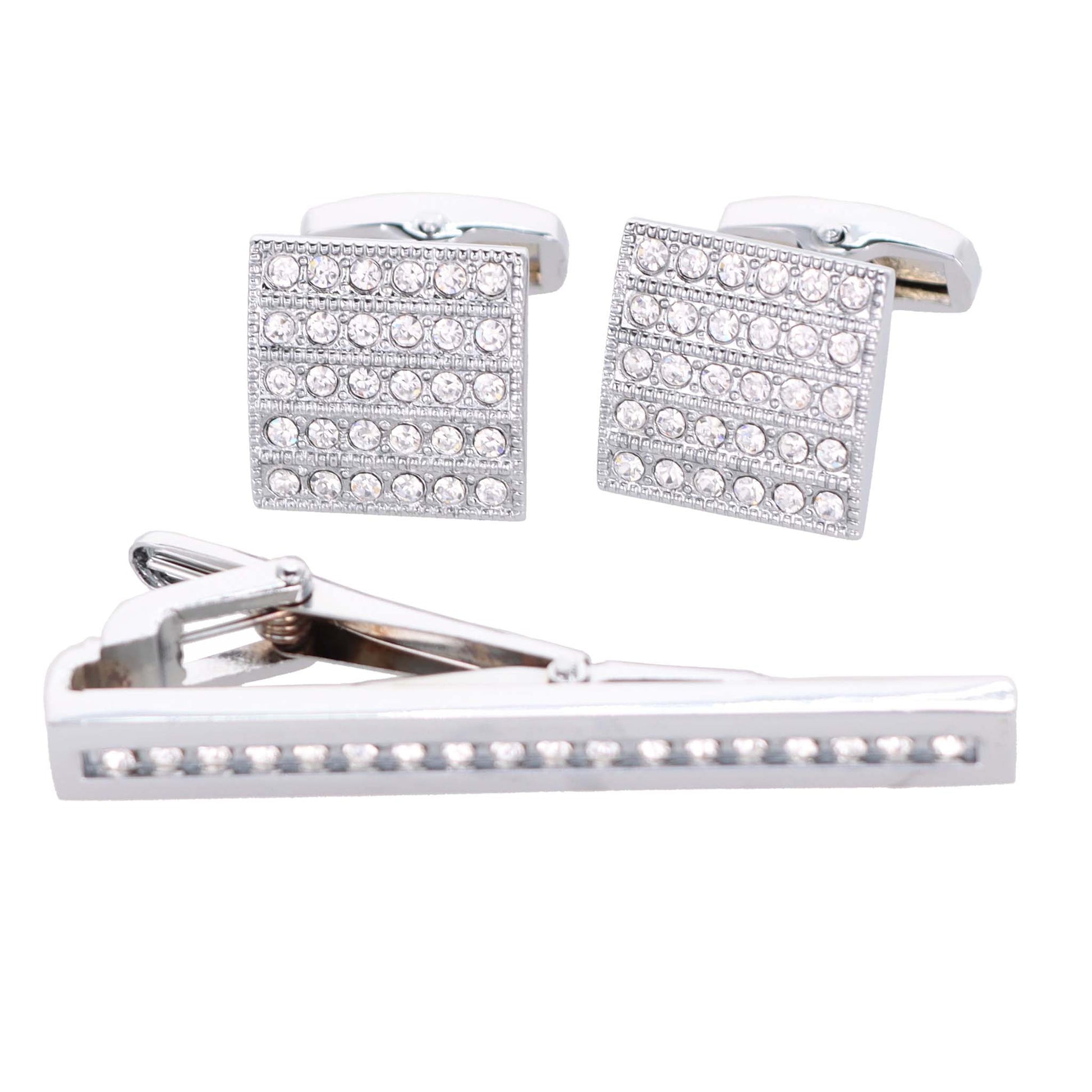 Vittorio Vico Silver Rhinestone Cufflinks & Tie Bar Set - CR-049 - Classy Cufflinks