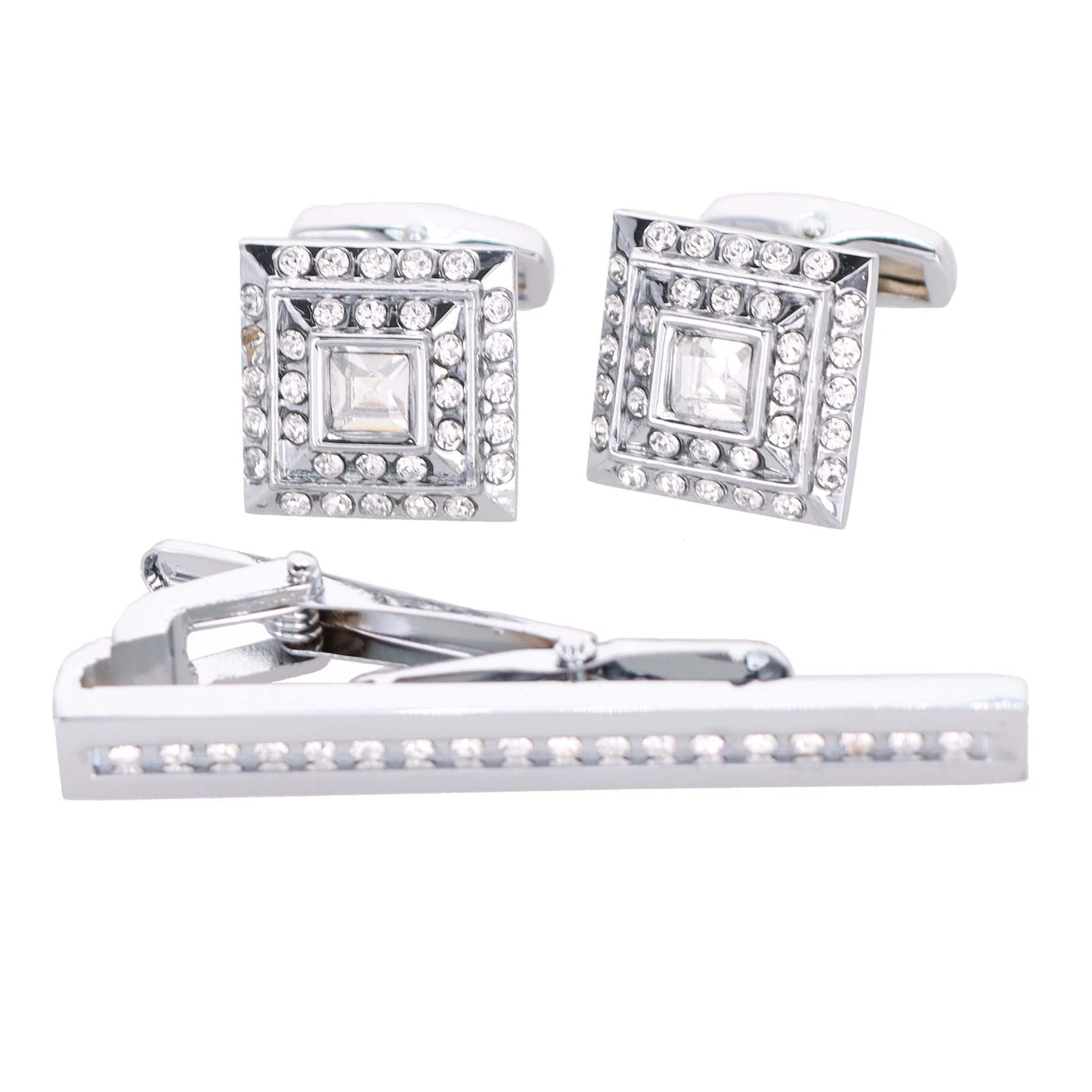 Vittorio Vico Silver Rhinestone Cufflinks & Tie Bar Set - CR-051 - Classy Cufflinks