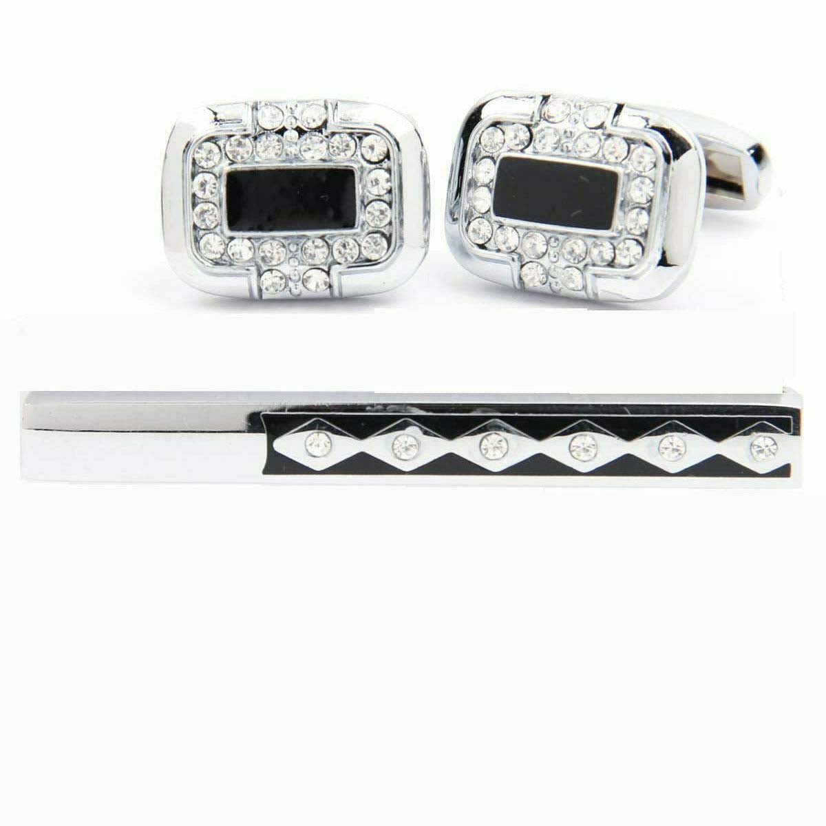 Vittorio Vico Silver Rhinestone Cufflinks & Tie Bar Set - CR-054 - Classy Cufflinks