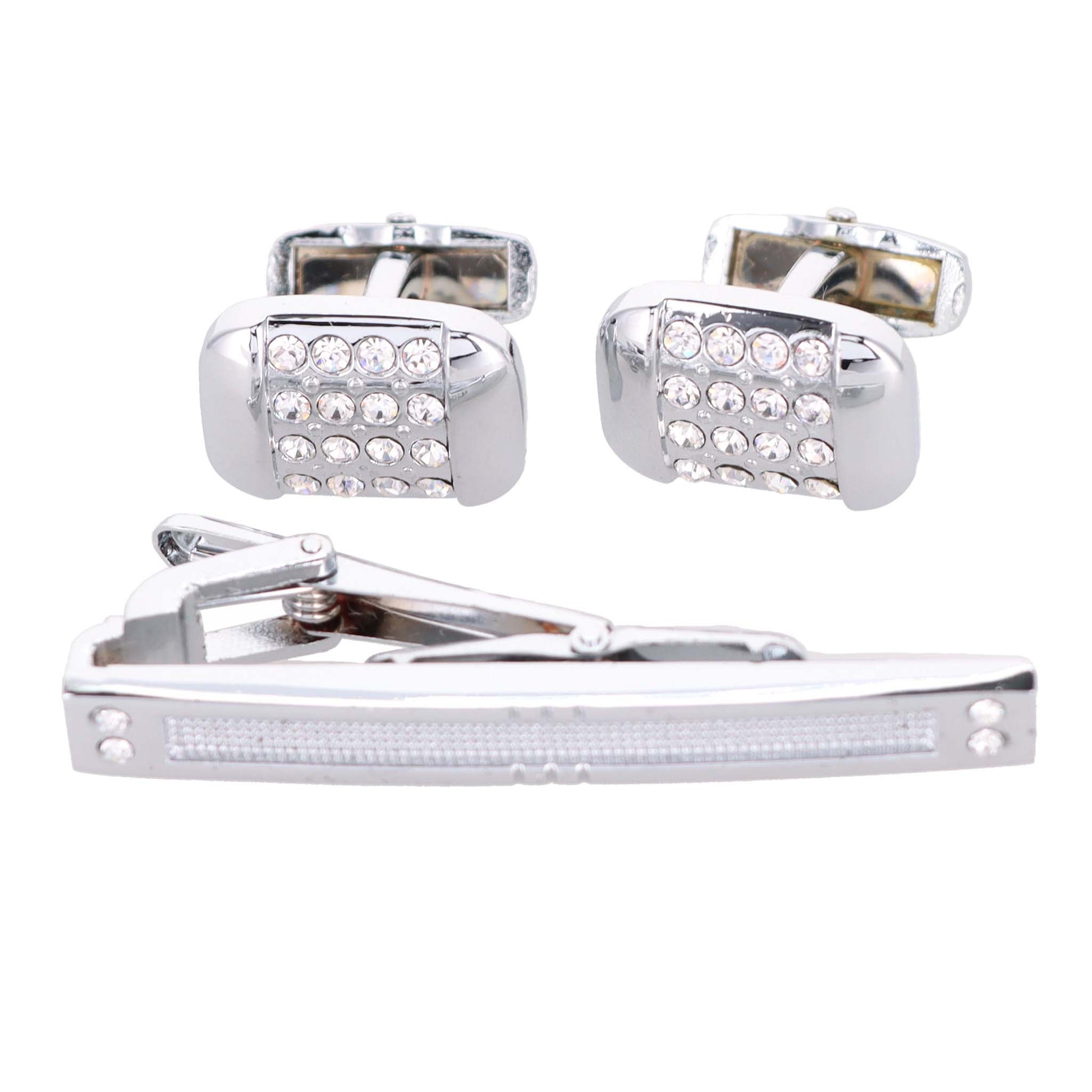 Vittorio Vico Silver Rhinestone Cufflinks & Tie Bar Set - CR-054 - Classy Cufflinks