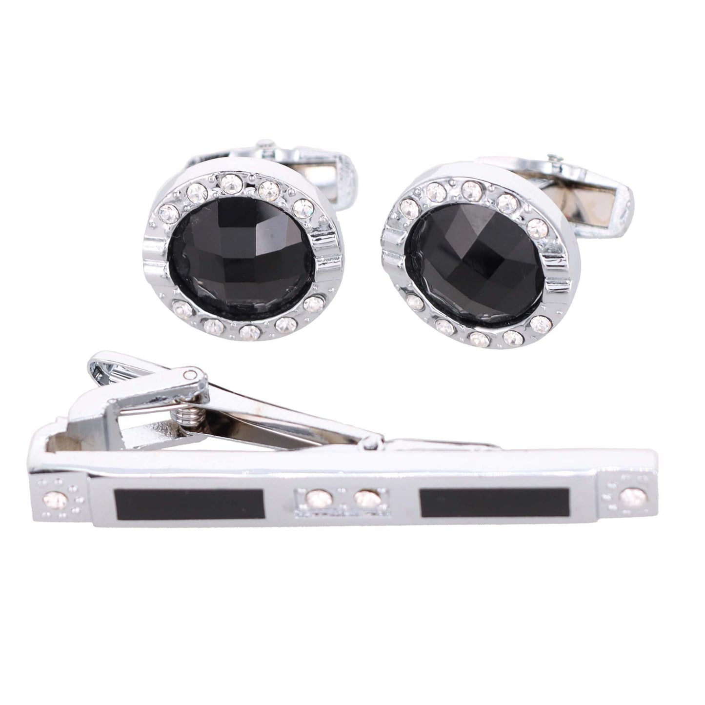 Vittorio Vico Silver Rhinestone Cufflinks & Tie Bar Set - CR-055 - Classy Cufflinks