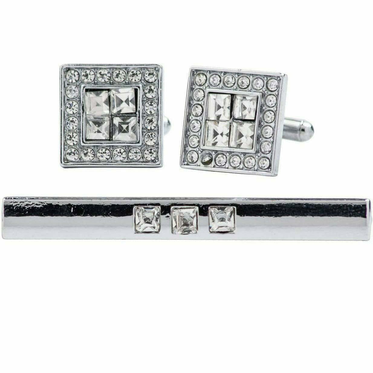 Vittorio Vico Silver Rhinestone Cufflinks & Tie Bar Set - CR-061 - Classy Cufflinks