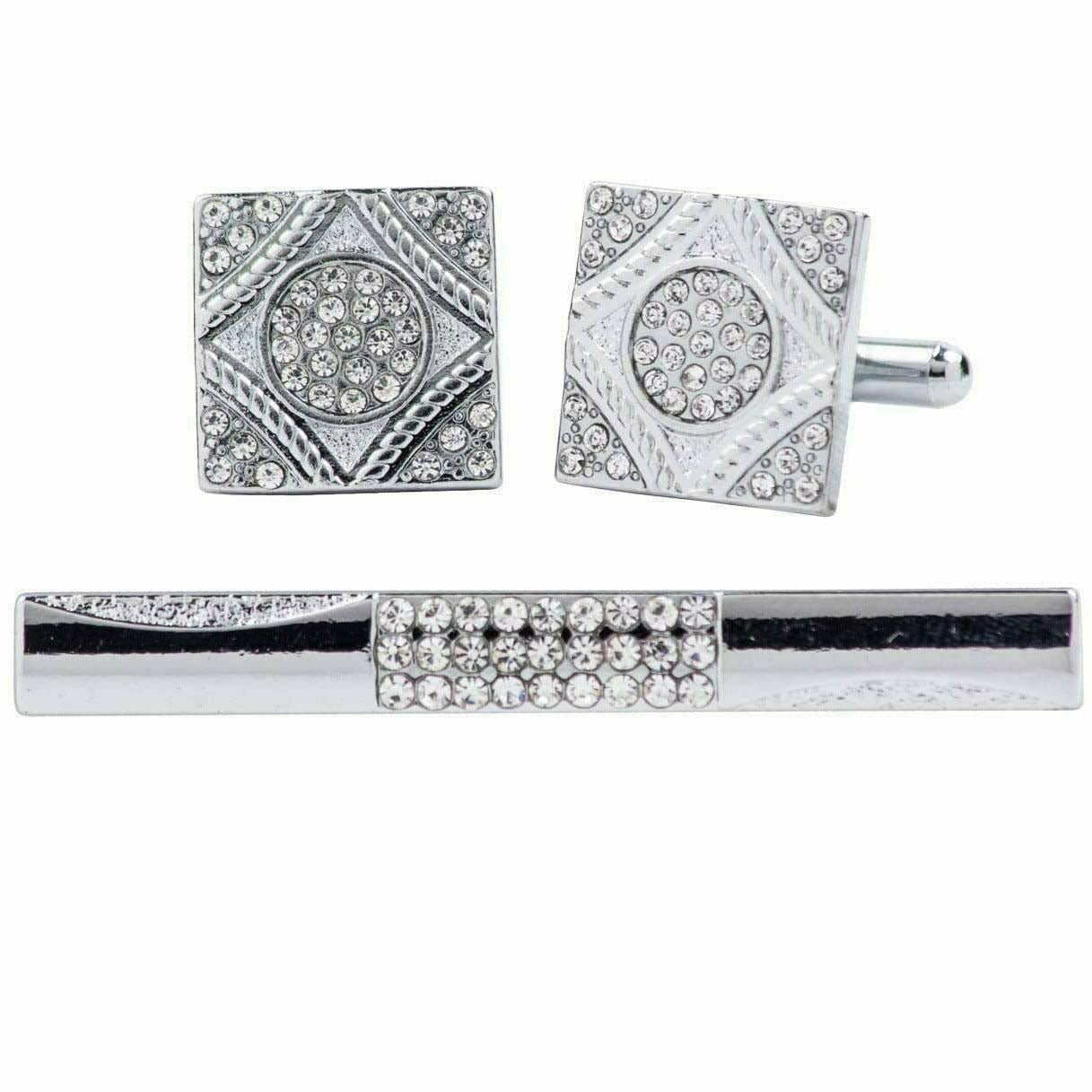 Vittorio Vico Silver Rhinestone Cufflinks & Tie Bar Set - CR-063 - Classy Cufflinks