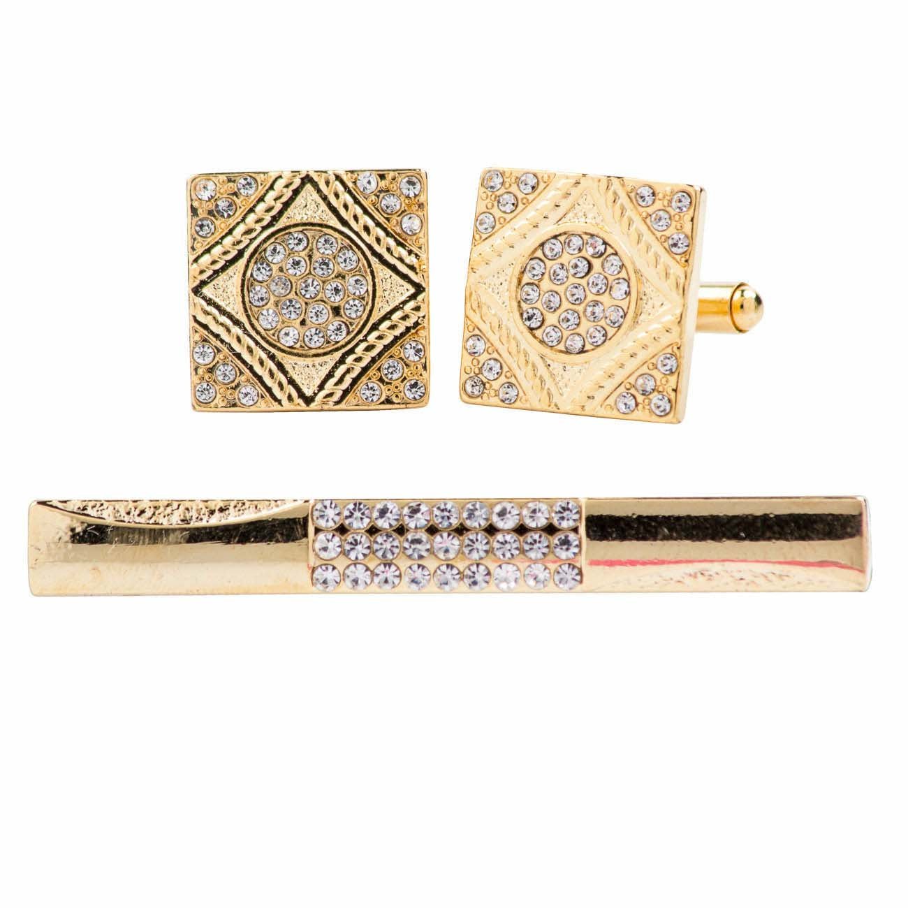 Vittorio Vico Gold Rhinestone Cufflinks & Tie Bar Set - CR-064 - Classy Cufflinks