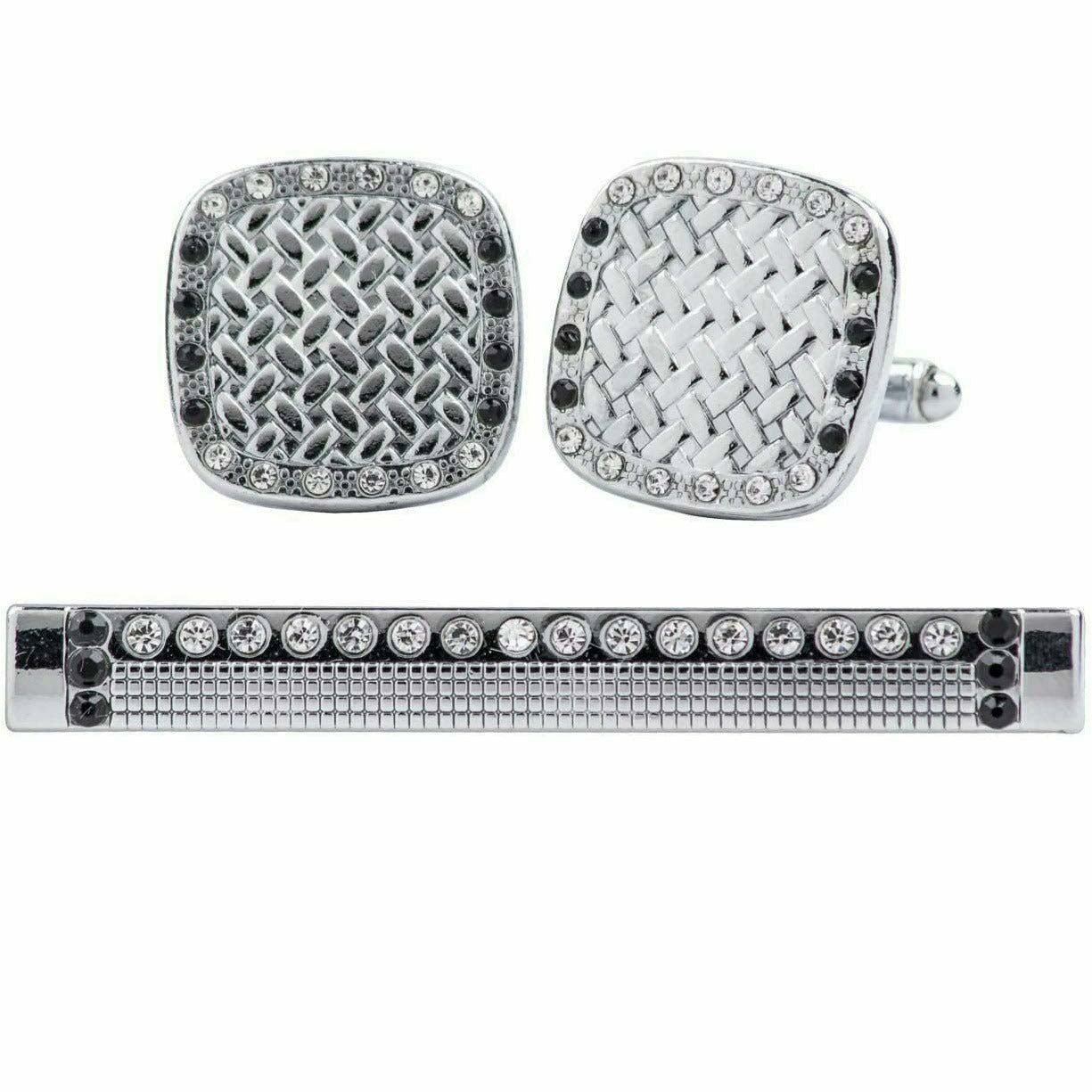 Vittorio Vico Silver Rhinestone Cufflinks & Tie Bar Set - CR-071 - Classy Cufflinks