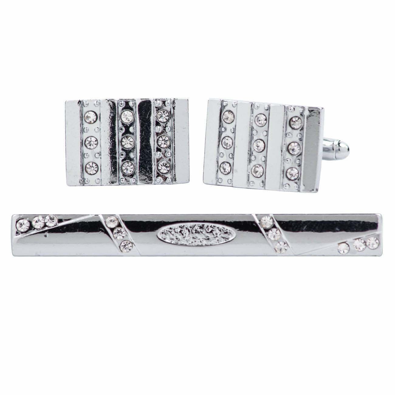 Vittorio Vico Silver Rhinestone Cufflinks & Tie Bar Set - CR-074 - Classy Cufflinks