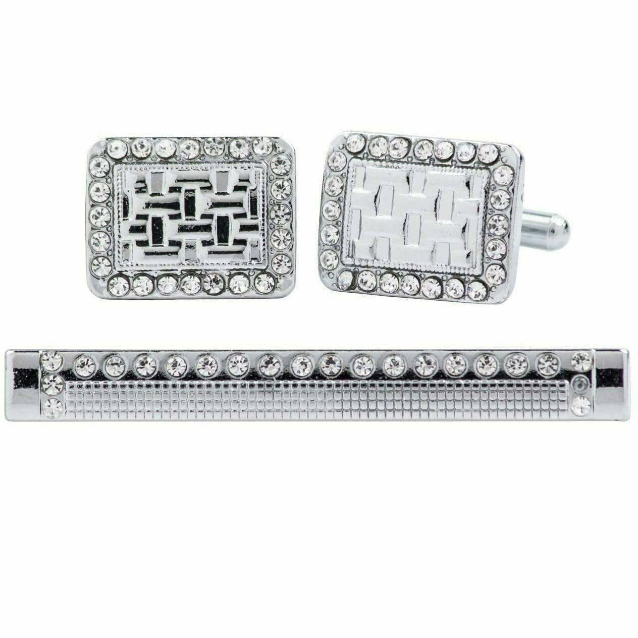 Vittorio Vico Silver Rhinestone Cufflinks & Tie Bar Set - CR-076 - Classy Cufflinks