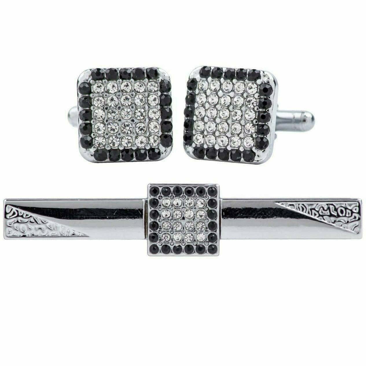 Vittorio Vico Silver Rhinestone Cufflinks & Tie Bar Set - CR-077 - Classy Cufflinks