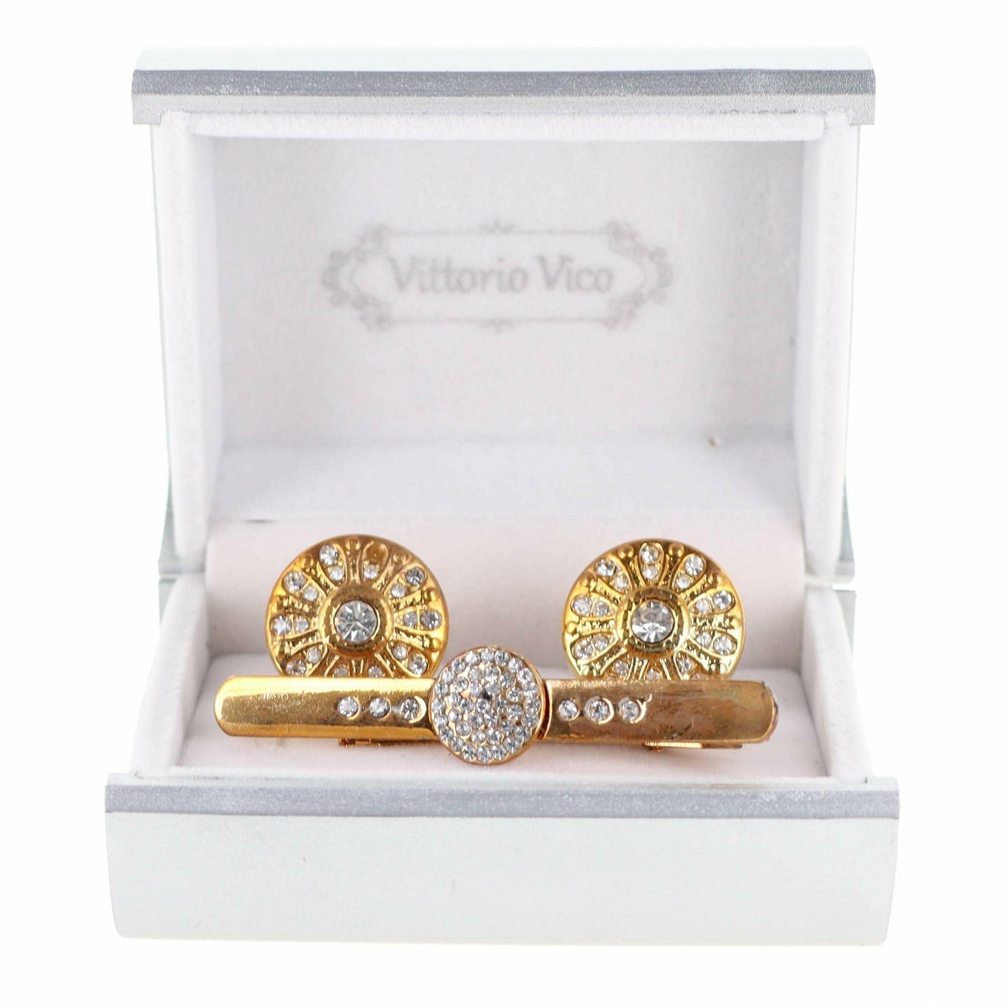 Vittorio Vico Gold Rhinestone Cufflinks & Tie Bar Set - CR-079 - Classy Cufflinks