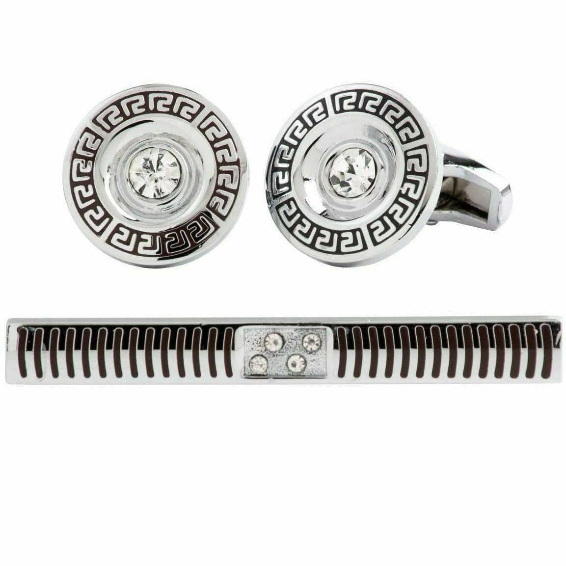 Vittorio Vico Silver Rhinestone Cufflinks & Tie Bar Set - CR-081 - Classy Cufflinks