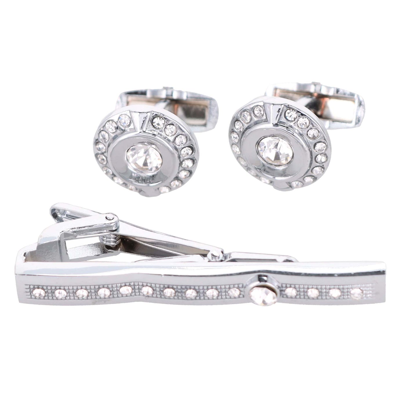 Vittorio Vico Silver Rhinestone Cufflinks & Tie Bar Set - CR-083-S - Classy Cufflinks