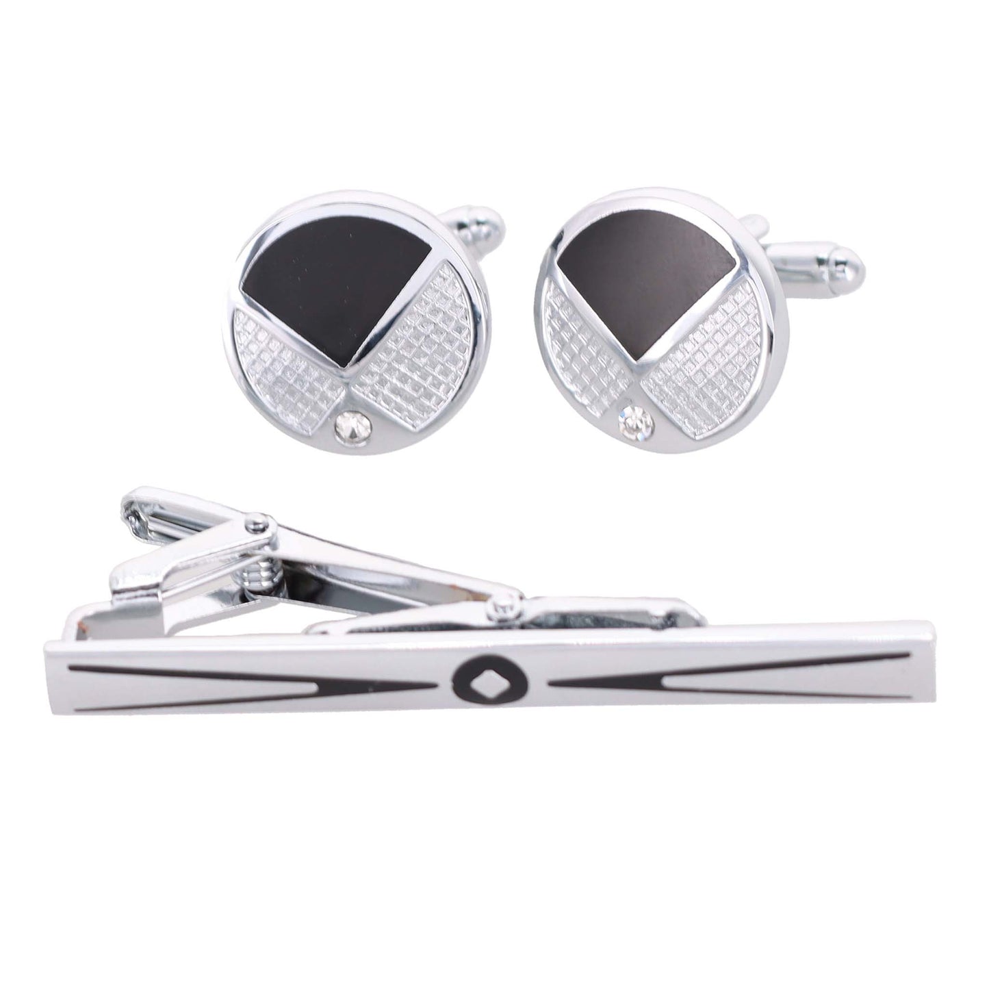 Vittorio Vico Silver Rhinestone Cufflinks & Tie Bar Set - CR-088 - Classy Cufflinks