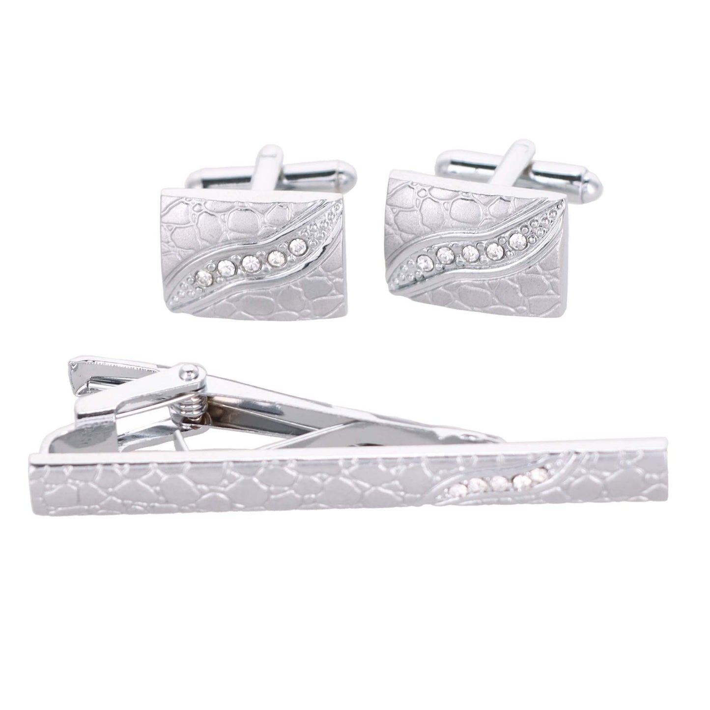 Vittorio Vico Silver Rhinestone Cufflinks & Tie Bar Set - CR-090 - Classy Cufflinks