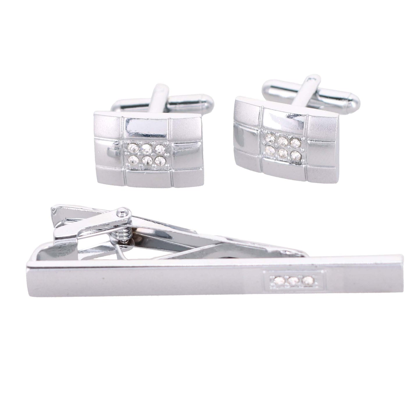 Vittorio Vico Silver Rhinestone Cufflinks & Tie Bar Set - CR-091 - Classy Cufflinks