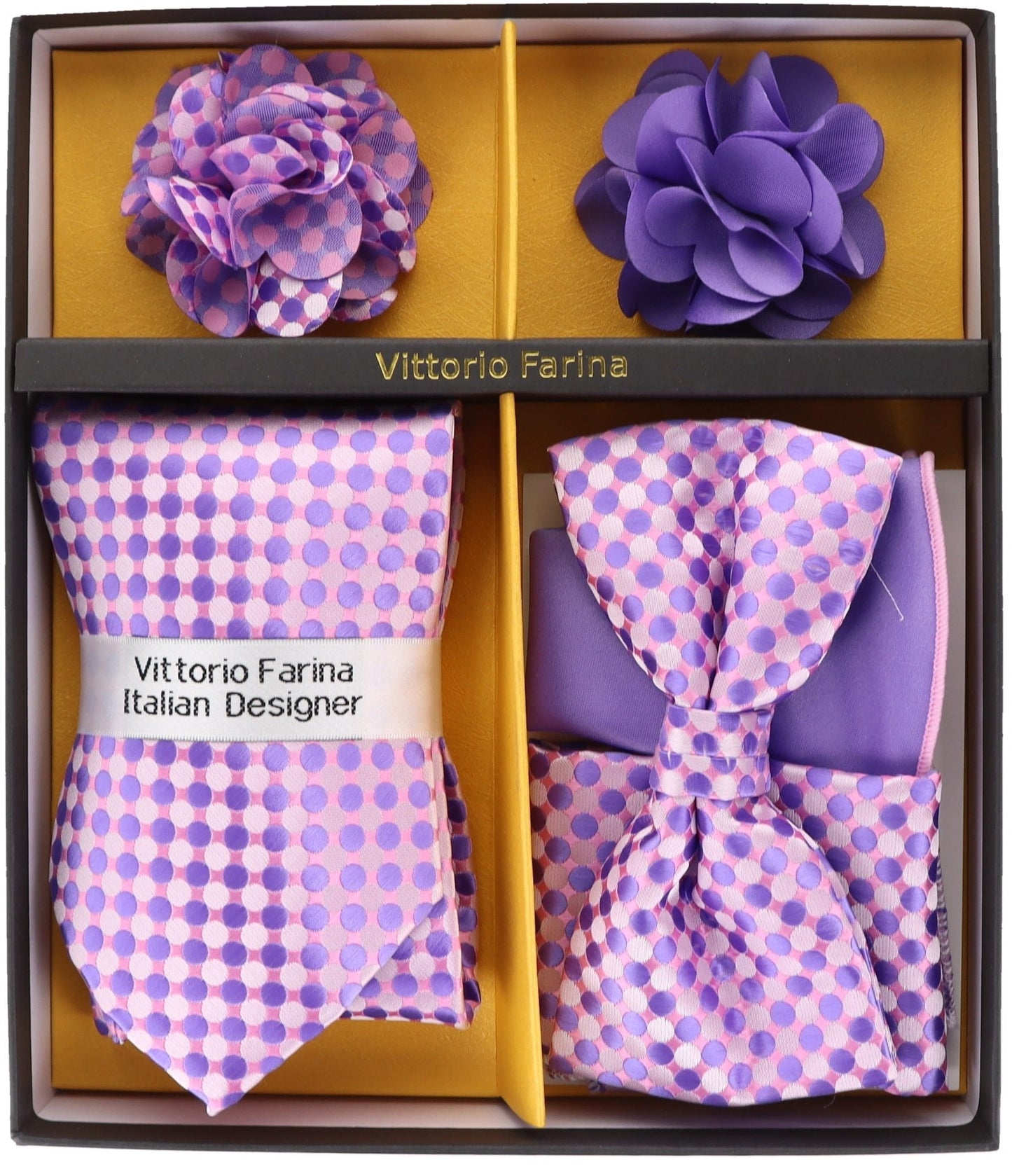 Vittorio Farina Men's Design Necktie, Bow Tie, Pocket Squares and Flower Lapel Pin in a Gfit Box