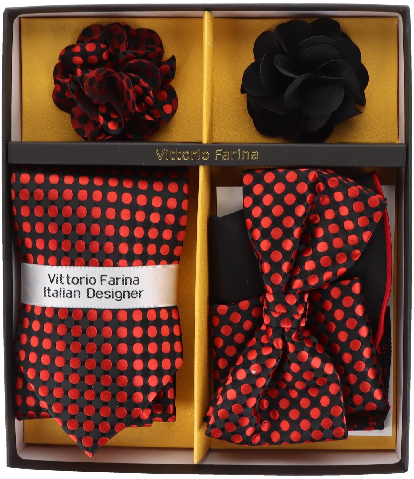 Vittorio Farina Men's Design Necktie, Bow Tie, Pocket Squares and Flower Lapel Pin in a Gfit Box