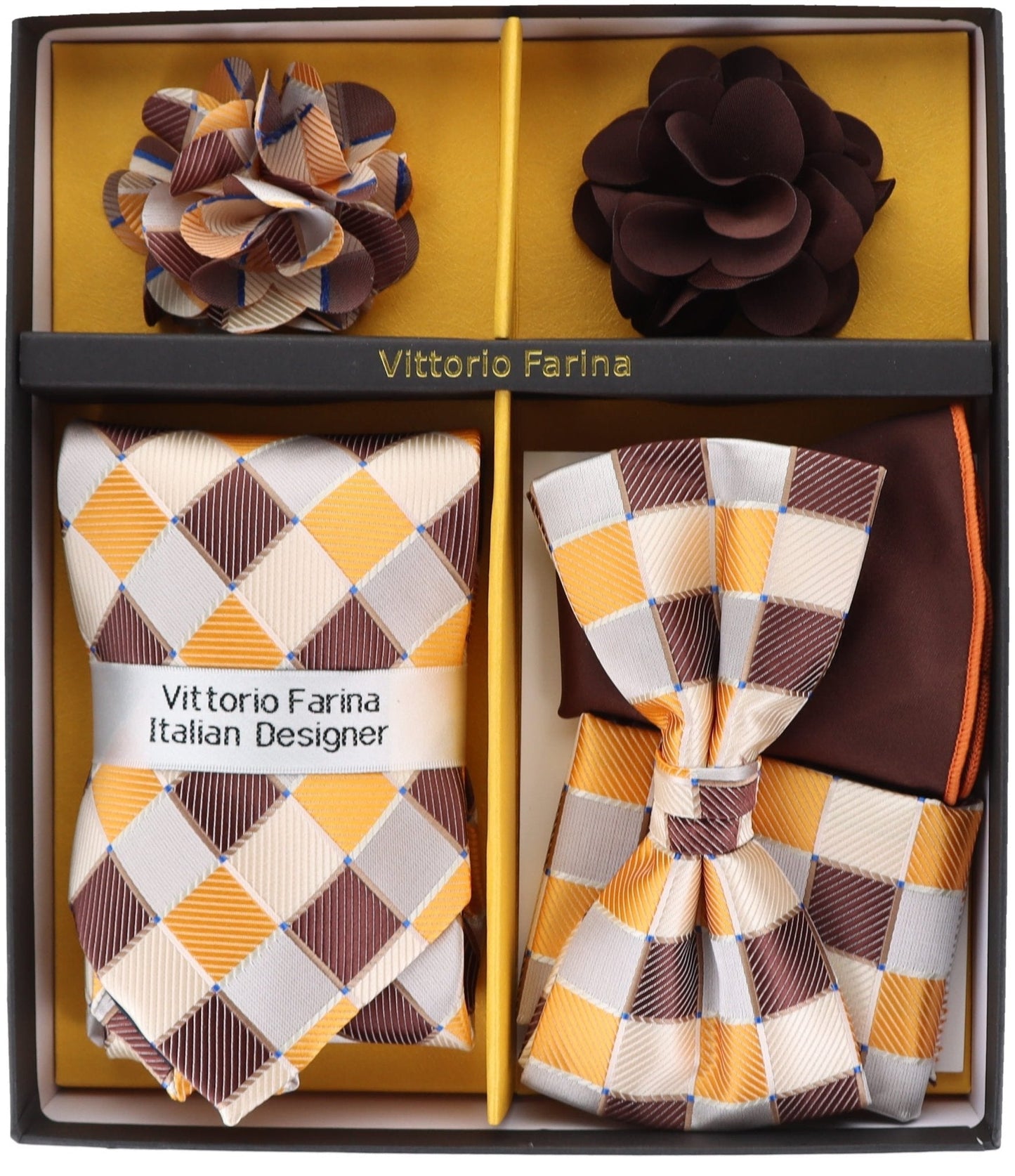 Vittorio Farina Men's Design Necktie, Bow Tie, Pocket Squares and Flower Lapel Pin in a Gfit Box