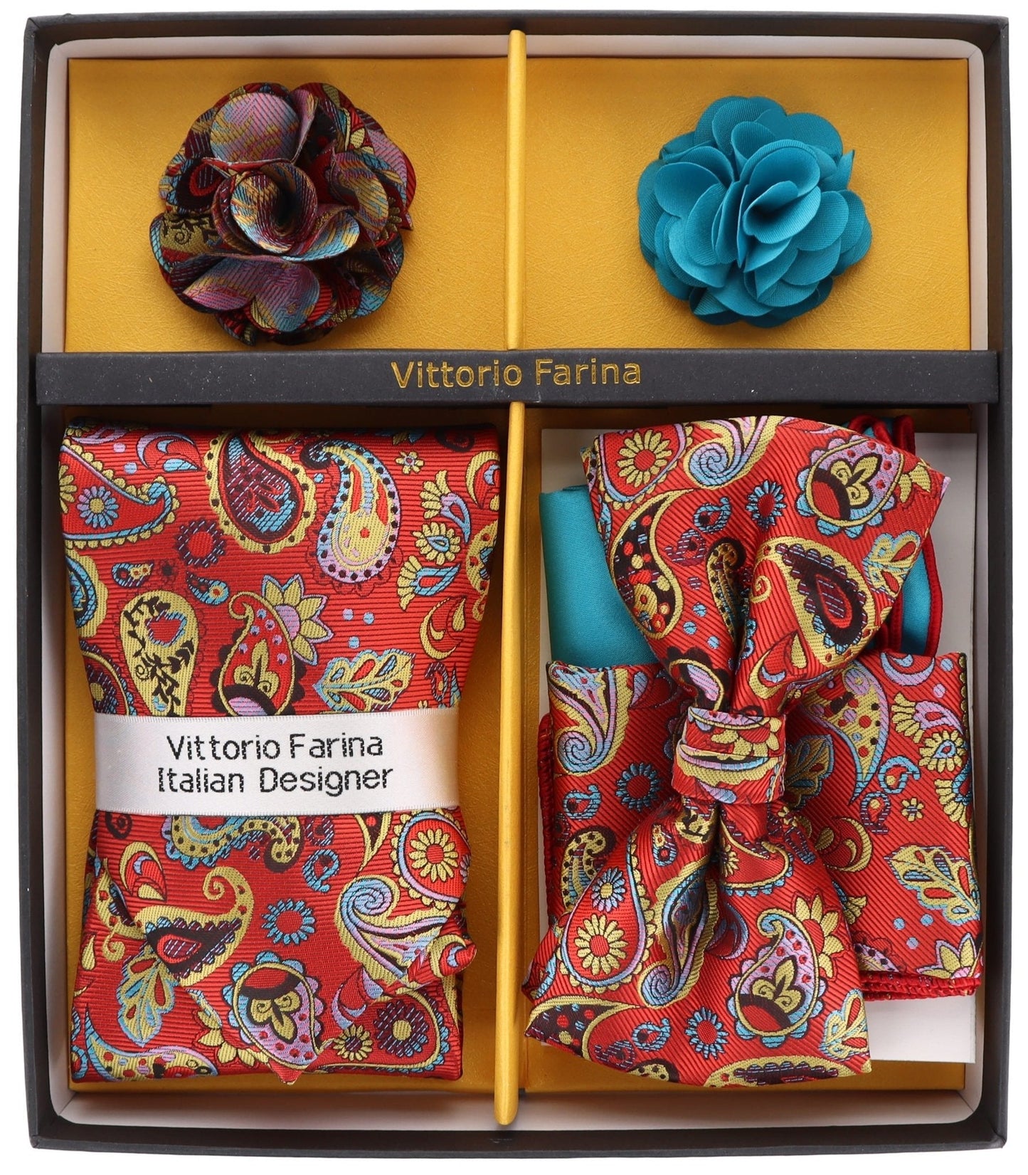 Vittorio Farina Men's Design Necktie, Bow Tie, Pocket Squares and Flower Lapel Pin in a Gfit Box