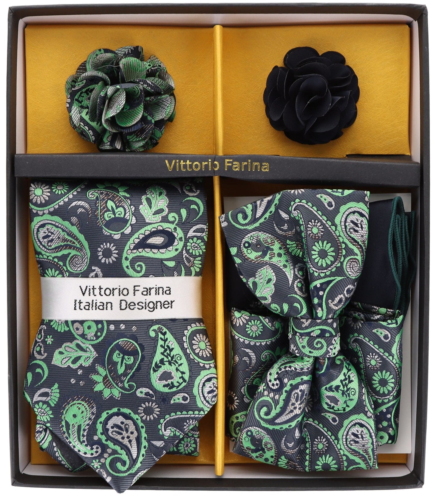 Vittorio Farina Men's Design Necktie, Bow Tie, Pocket Squares and Flower Lapel Pin in a Gfit Box