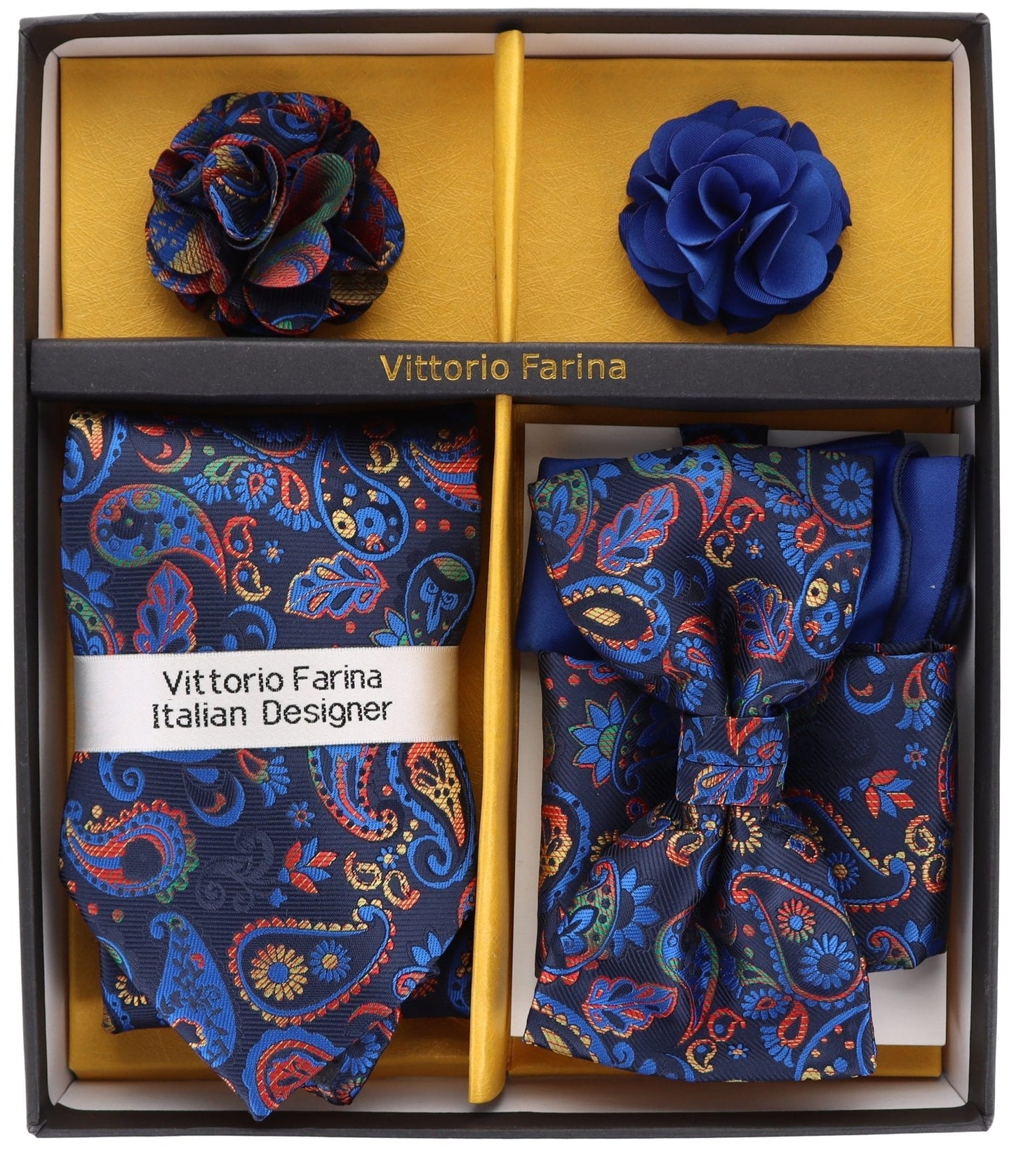 Vittorio Farina Men's Design Necktie, Bow Tie, Pocket Squares and Flower Lapel Pin in a Gfit Box