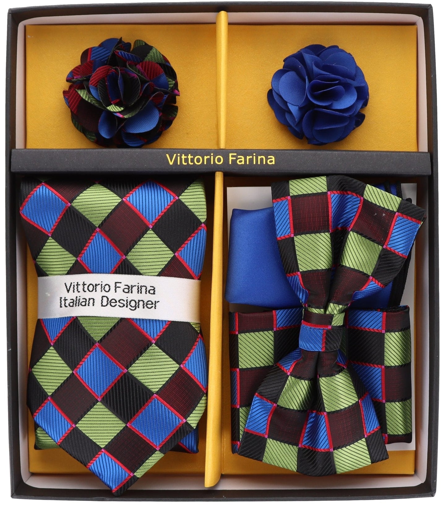 Vittorio Farina Men's Design Necktie, Bow Tie, Pocket Squares and Flower Lapel Pin in a Gfit Box