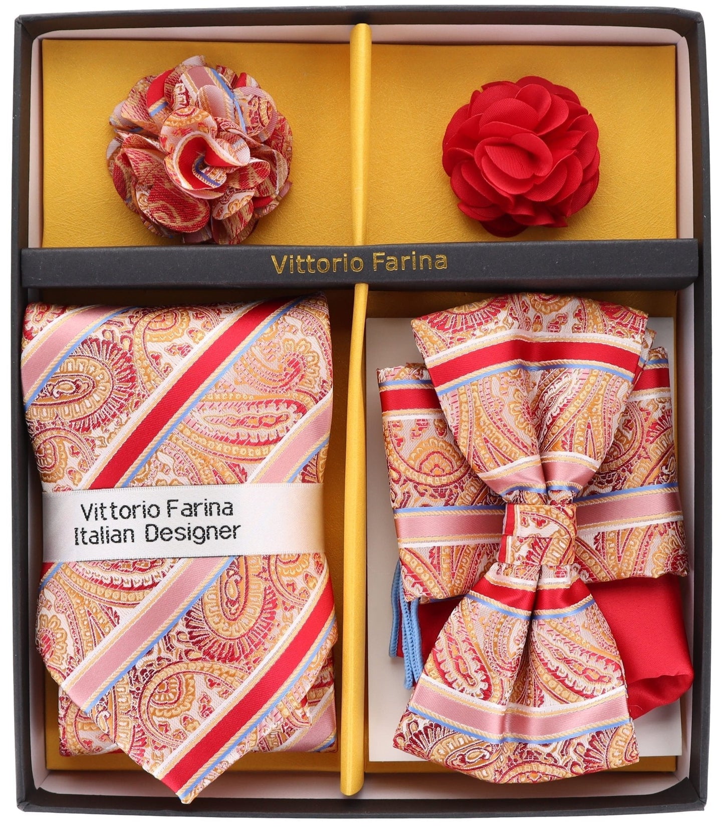 Vittorio Farina Men's Design Necktie, Bow Tie, Pocket Squares and Flower Lapel Pin in a Gfit Box