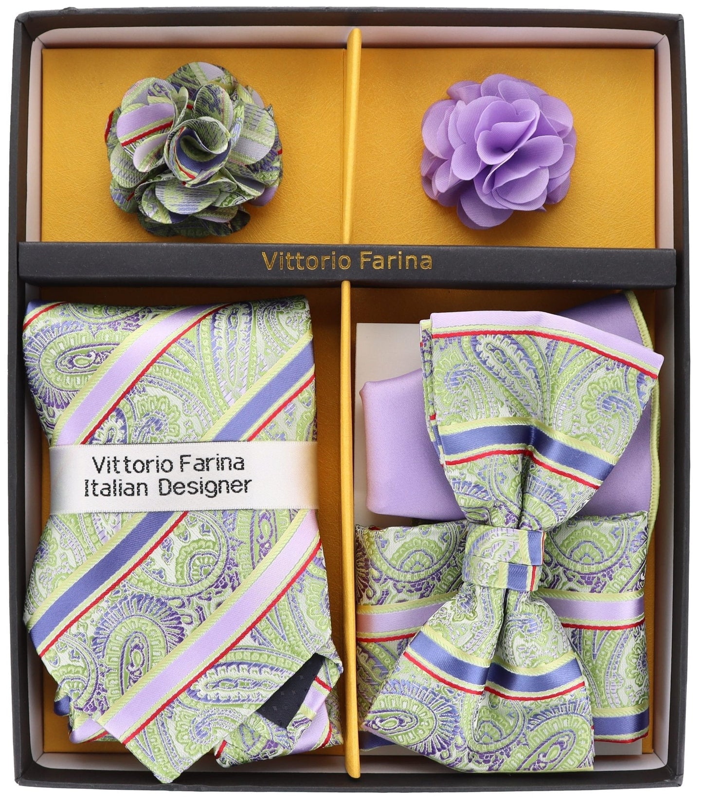 Vittorio Farina Men's Design Necktie, Bow Tie, Pocket Squares and Flower Lapel Pin in a Gfit Box