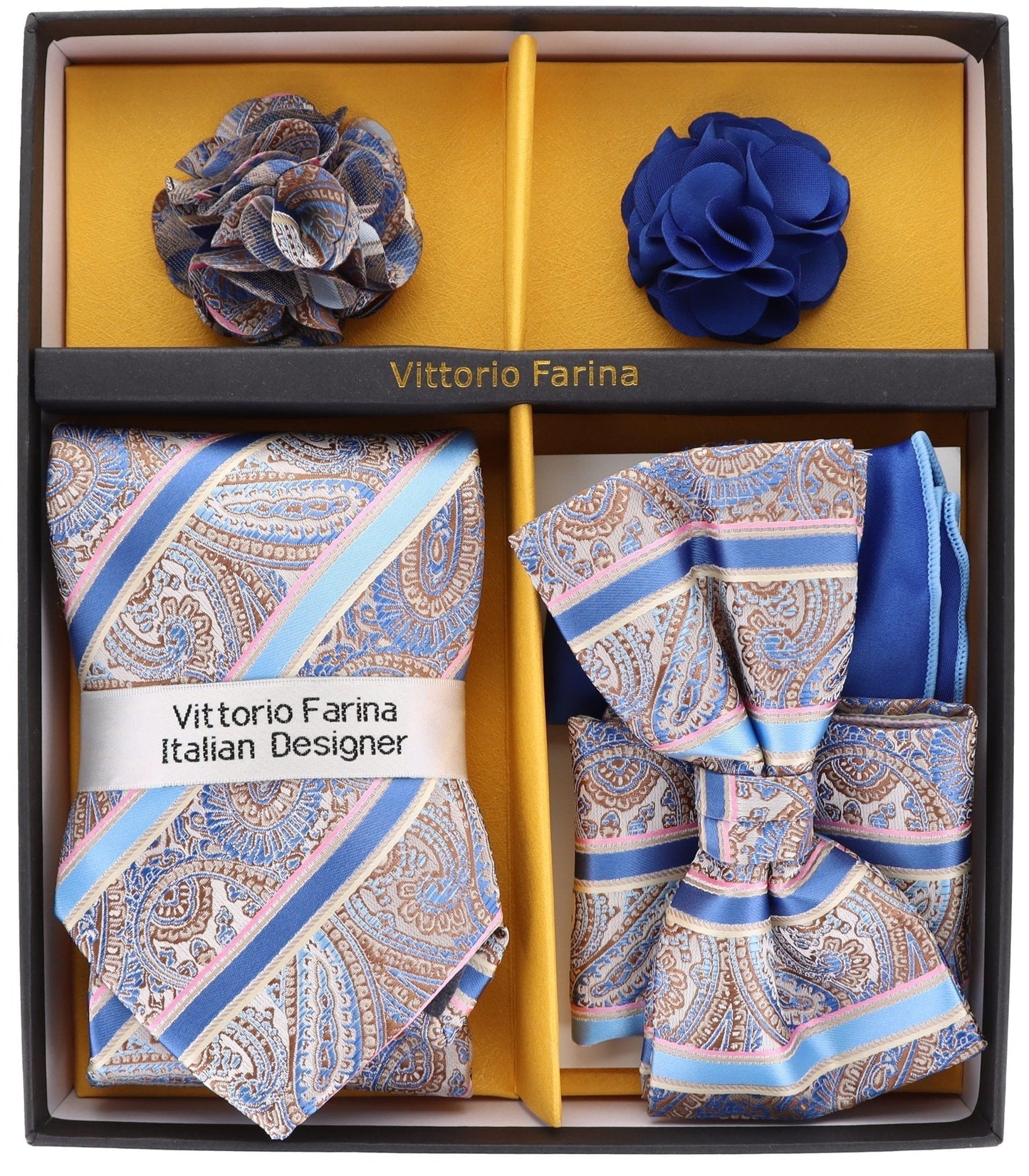 Vittorio Farina Men's Design Necktie, Bow Tie, Pocket Squares and Flower Lapel Pin in a Gfit Box