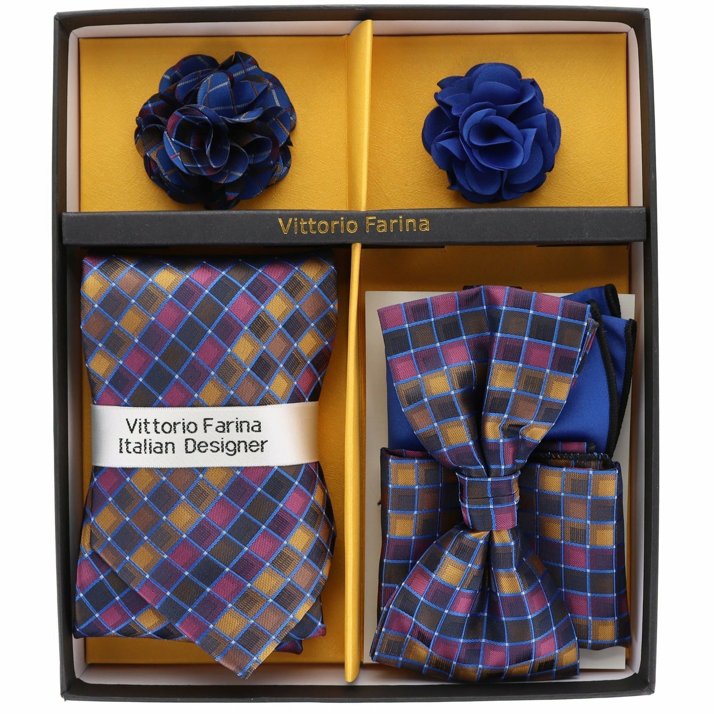 Vittorio Farina Men's Design Necktie, Bow Tie, Pocket Squares and Flower Lapel Pin in a Gfit Box