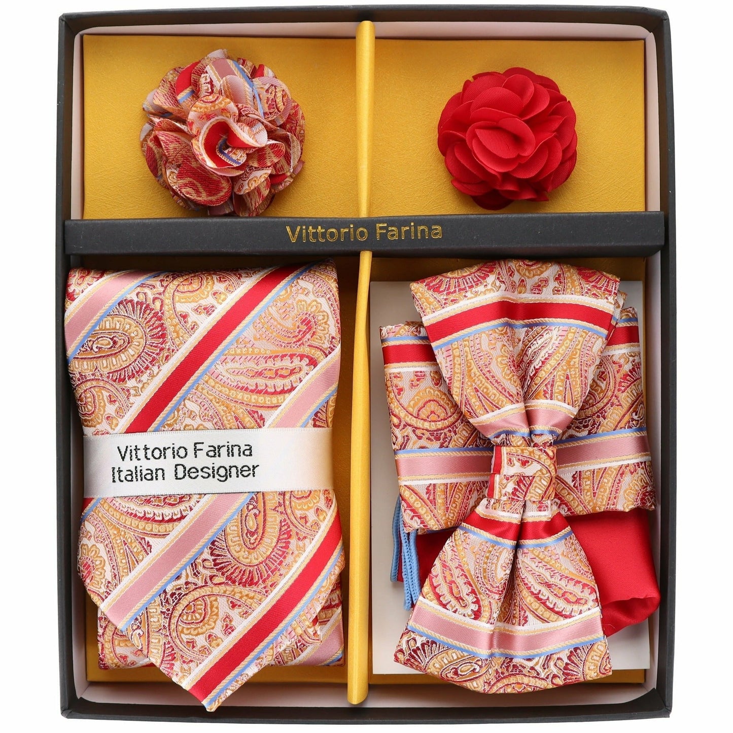 Vittorio Farina Men's Design Necktie, Bow Tie, Pocket Squares and Flower Lapel Pin in a Gfit Box