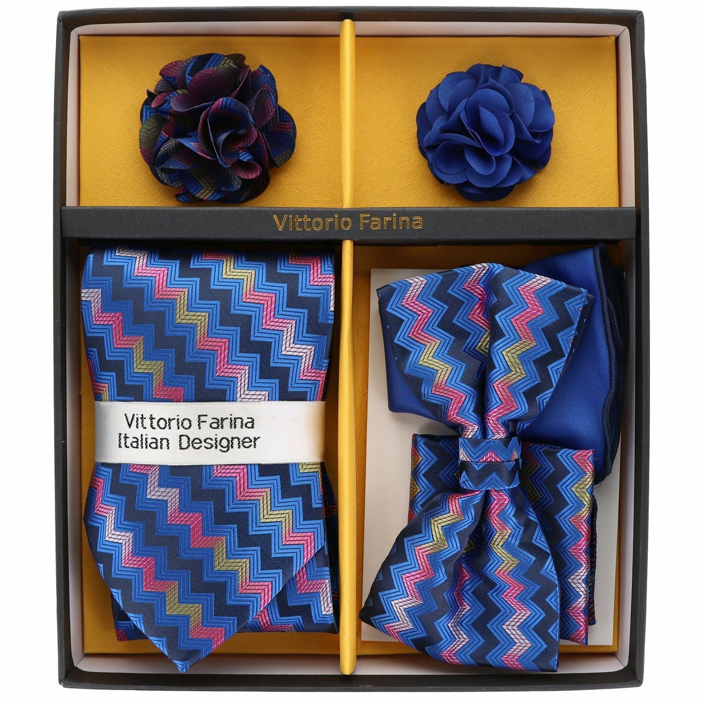 Vittorio Farina Men's Design Necktie, Bow Tie, Pocket Squares and Flower Lapel Pin in a Gfit Box