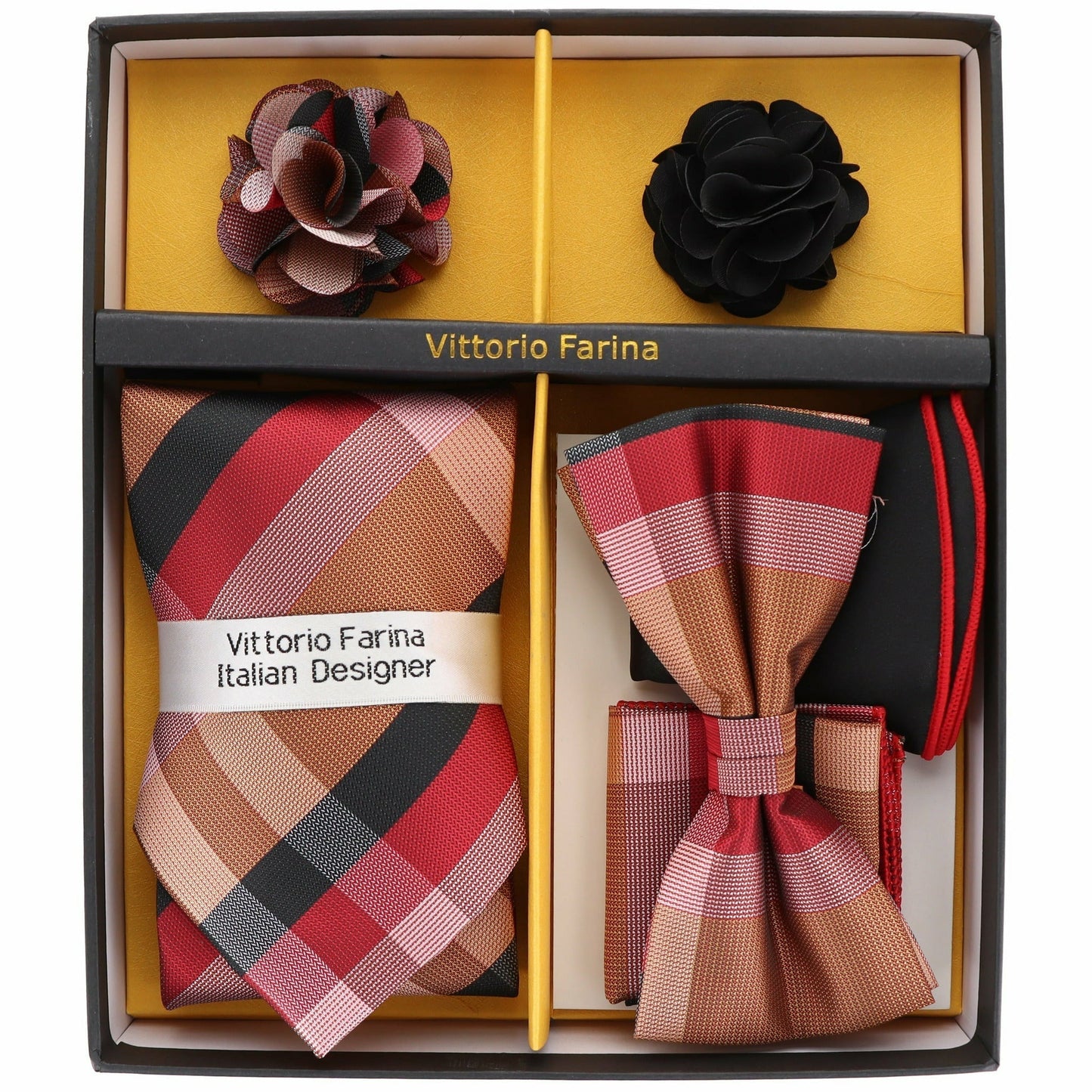 Vittorio Farina Men's Design Necktie, Bow Tie, Pocket Squares and Flower Lapel Pin in a Gfit Box