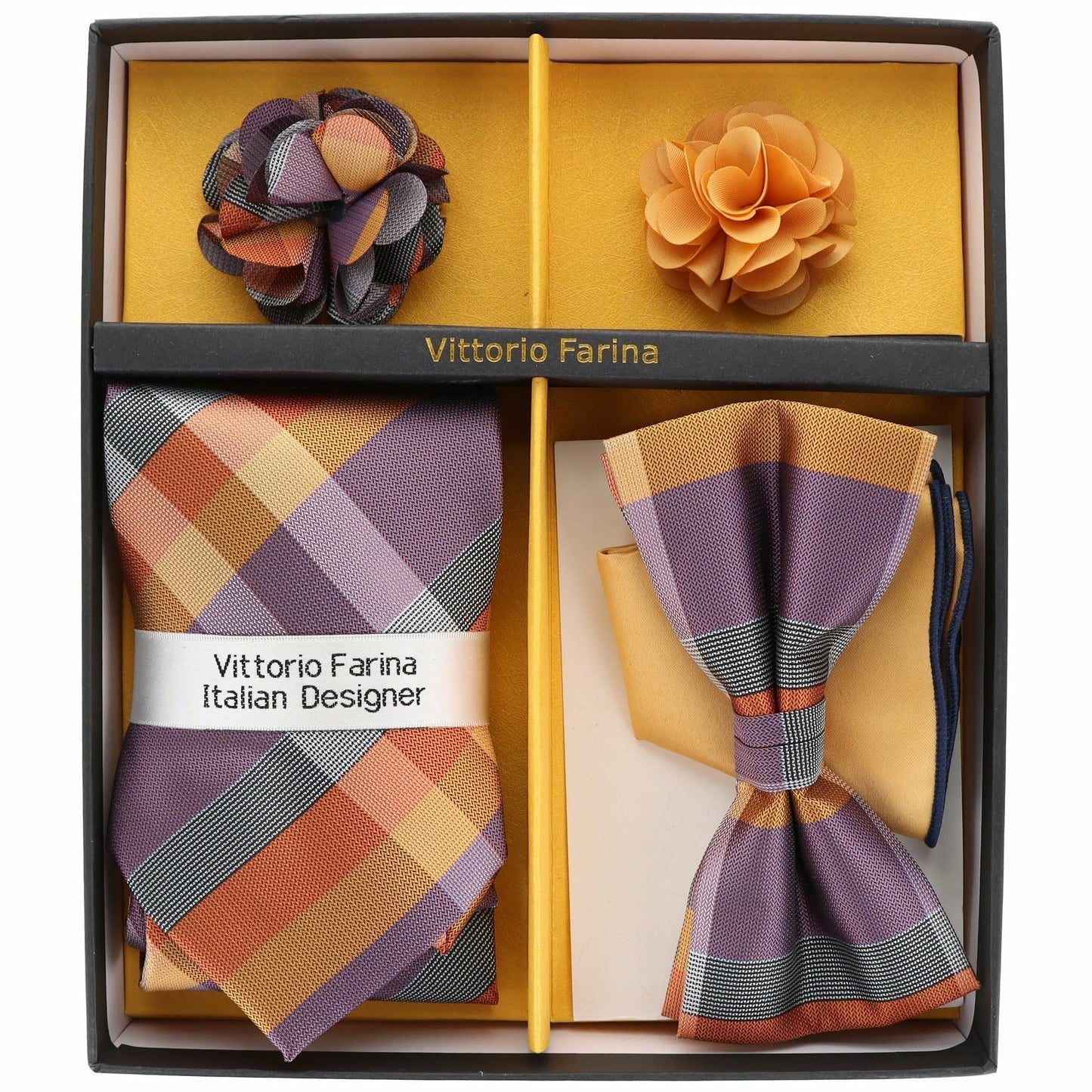 Vittorio Farina Men's Design Necktie, Bow Tie, Pocket Squares and Flower Lapel Pin in a Gfit Box