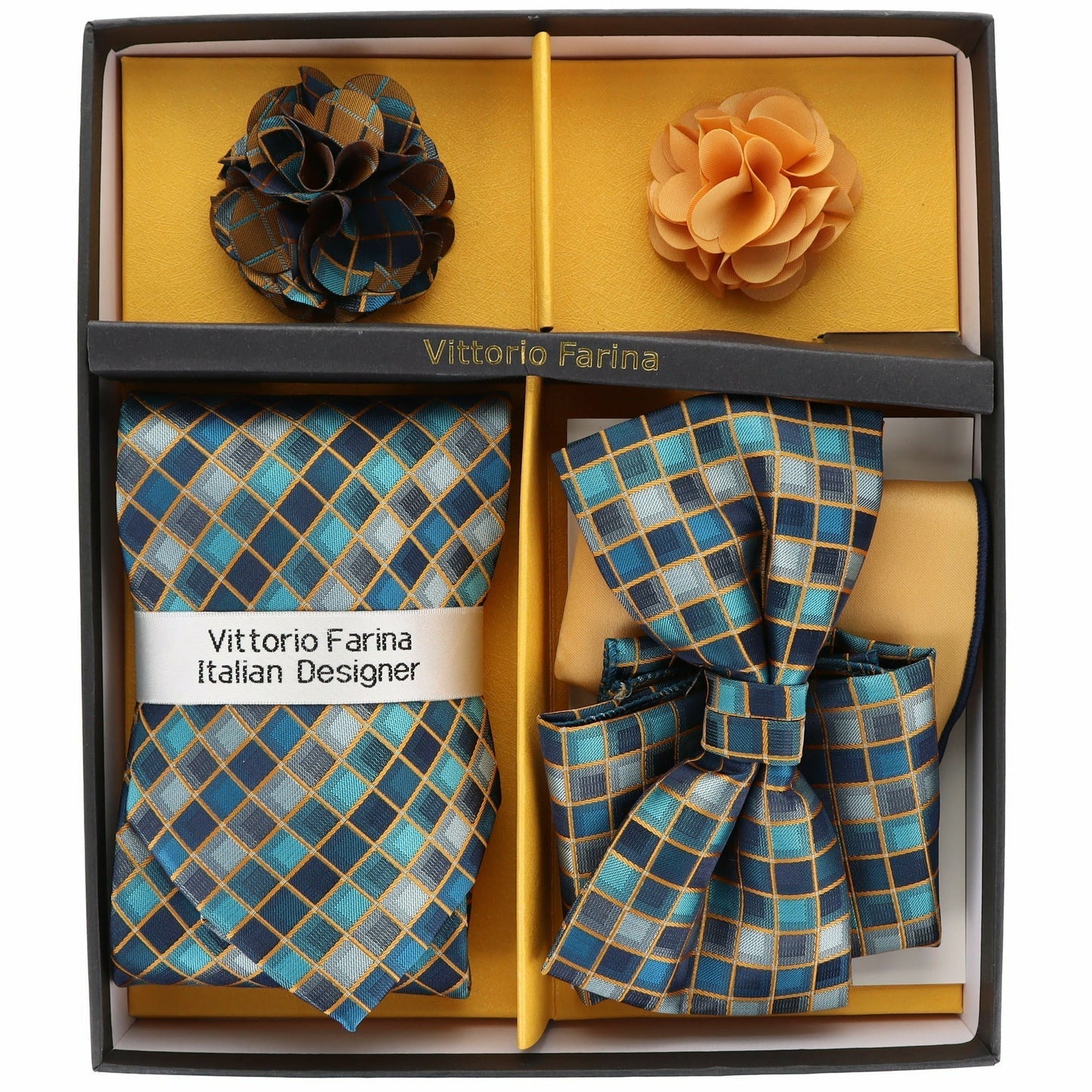 Vittorio Farina Men's Design Necktie, Bow Tie, Pocket Squares and Flower Lapel Pin in a Gfit Box