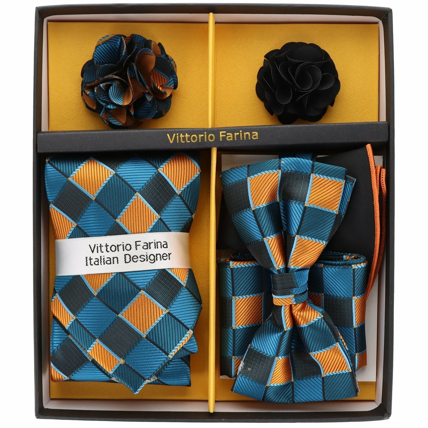 Vittorio Farina Men's Design Necktie, Bow Tie, Pocket Squares and Flower Lapel Pin in a Gfit Box