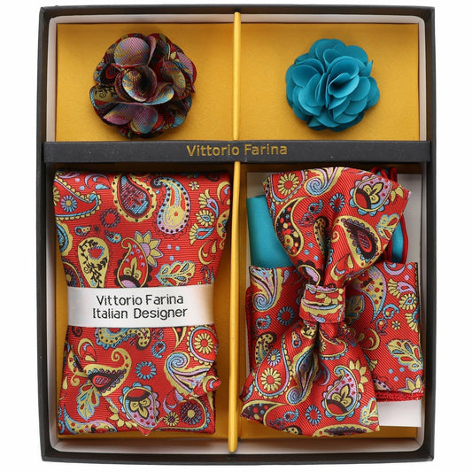 Vittorio Farina Men's Design Necktie, Bow Tie, Pocket Squares and Flower Lapel Pin in a Gfit Box