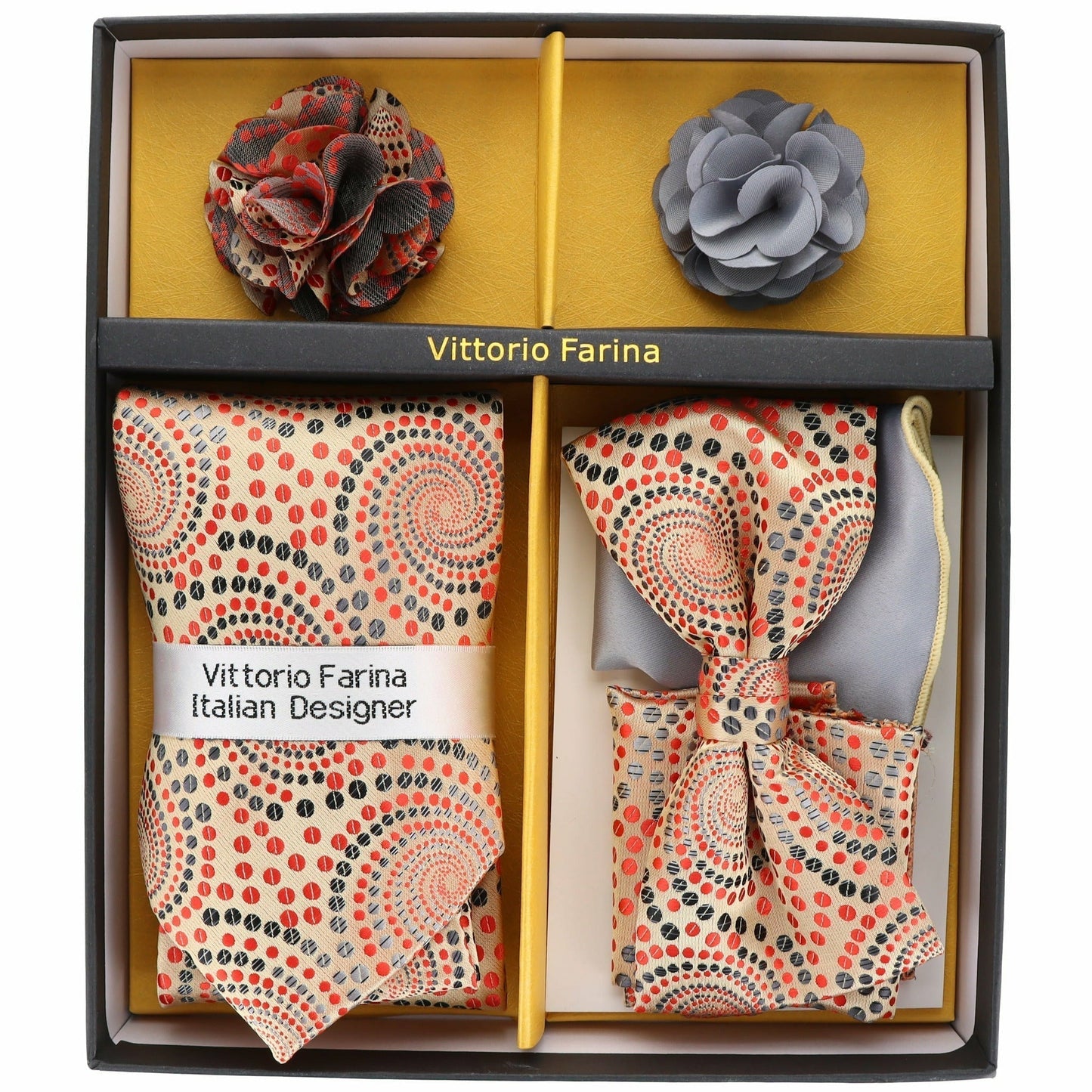 Vittorio Farina Men's Design Necktie, Bow Tie, Pocket Squares and Flower Lapel Pin in a Gfit Box