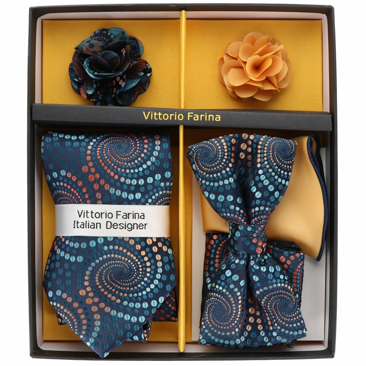 Vittorio Farina Men's Design Necktie, Bow Tie, Pocket Squares and Flower Lapel Pin in a Gfit Box