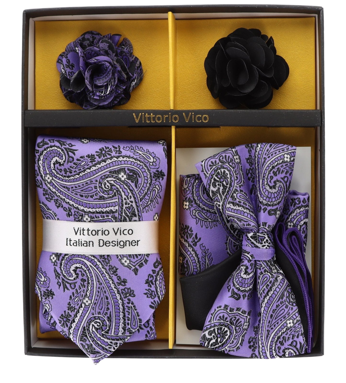 Vittorio Farina Men's Design Necktie, Bow Tie, Pocket Squares and Flower Lapel Pin in a Gfit Box