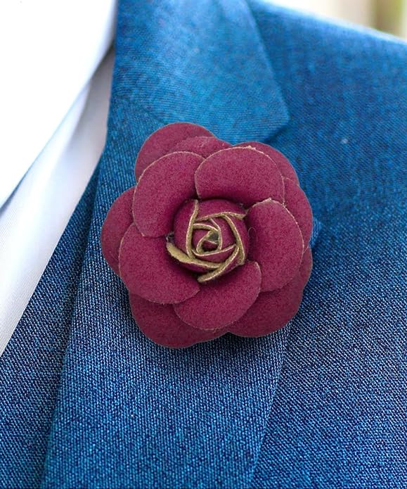 Vittorio Vico Men's Formal Leather Flower Lapel Pin - leather-lapel-burgundy - Classy Cufflinks