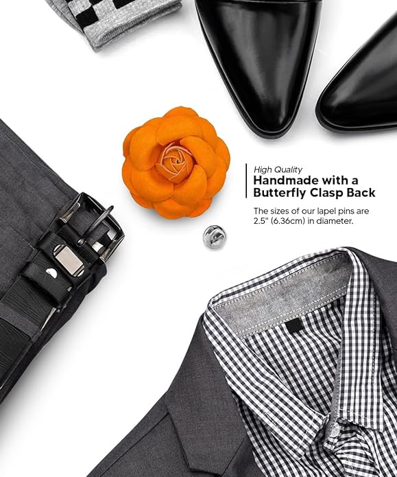 Vittorio Vico Men's Formal Leather Flower Lapel Pin - leather-lapel-orange_V01 - Classy Cufflinks