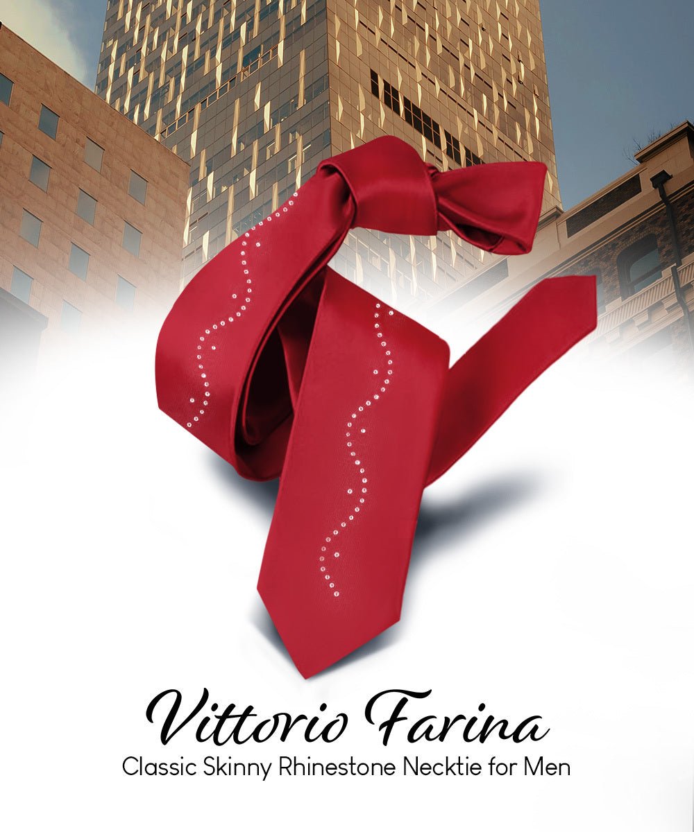 Vittorio Farina Men's Satin Skinny Necktie with Rhinestones - N - SKINNY - R_BURGUNDY - Classy Cufflinks