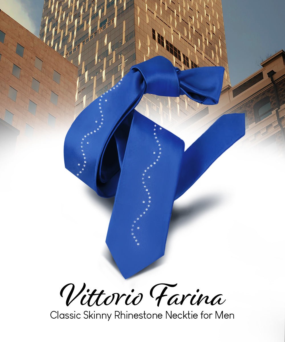 Vittorio Farina Solid Satin Skinny Necktie with Rhinestones - N - SKINNY - R_ROYAL - Classy Cufflinks