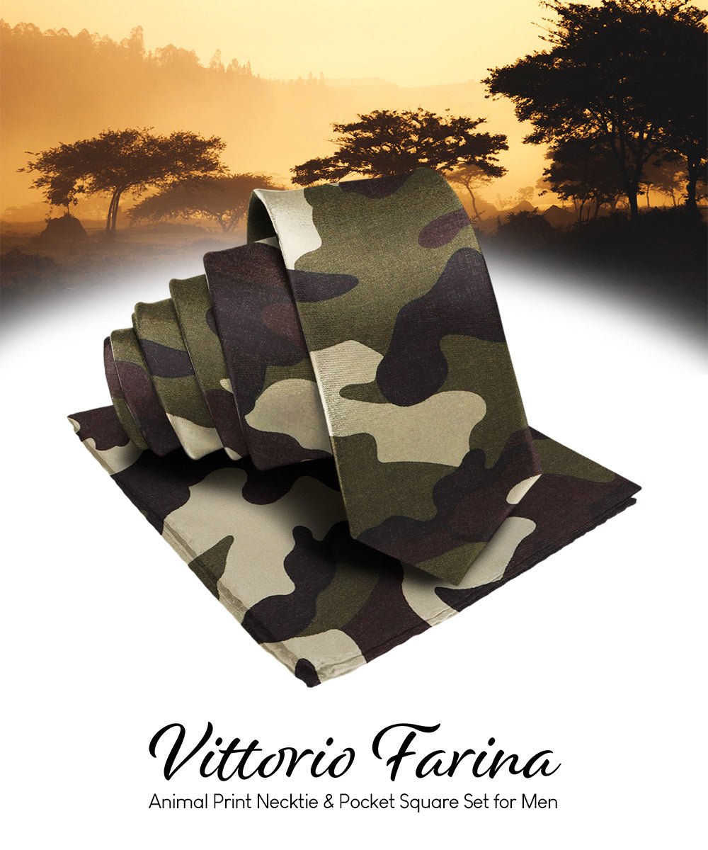 Vittorio Farina Men's Kente Satin Necktie & Pocket Square - NH - K_Camo - Classy Cufflinks