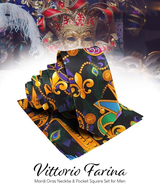 Vittorio Farina Mardi Gras Necktie & Handkerchief - NH - MG_MARDI #1 - Classy Cufflinks