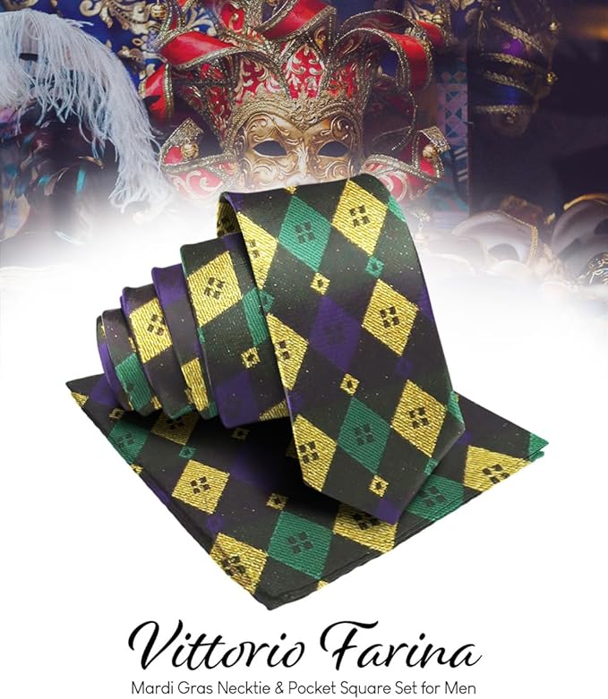 Vittorio Farina Mardi Gras Necktie & Handkerchief - NH - MG_MARDI #2 - Classy Cufflinks