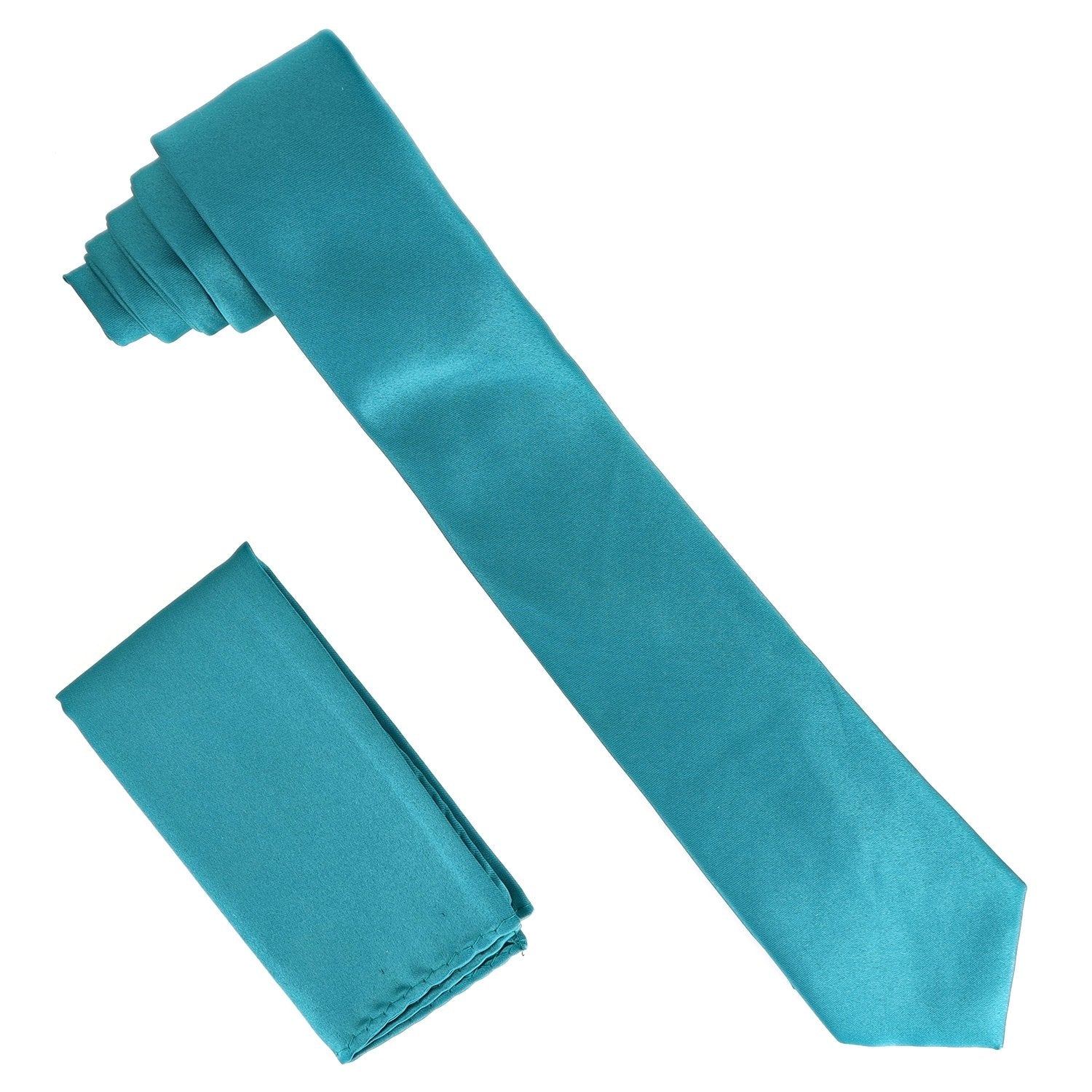 Vittorio Farina Solid Satin Skinny Necktie & Pocket Square by Classy Cufflinks - NH_SKINNY_TEAL - Classy Cufflinks